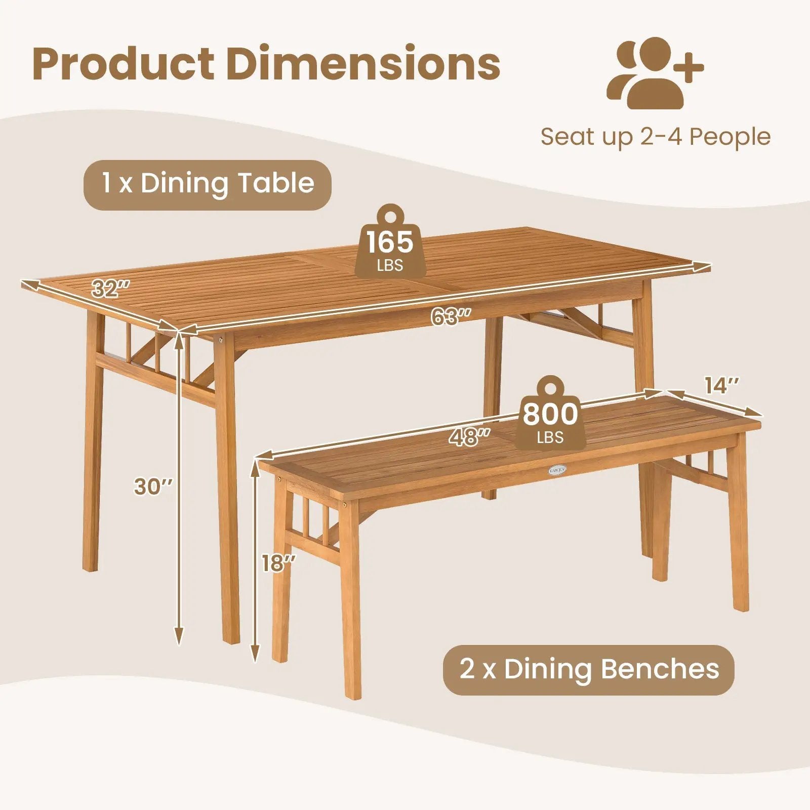 3 Pieces Patio Dining Set Acacia Wood Outdoor Rectangular Picnic Table and 2 Benches by DirectDeals