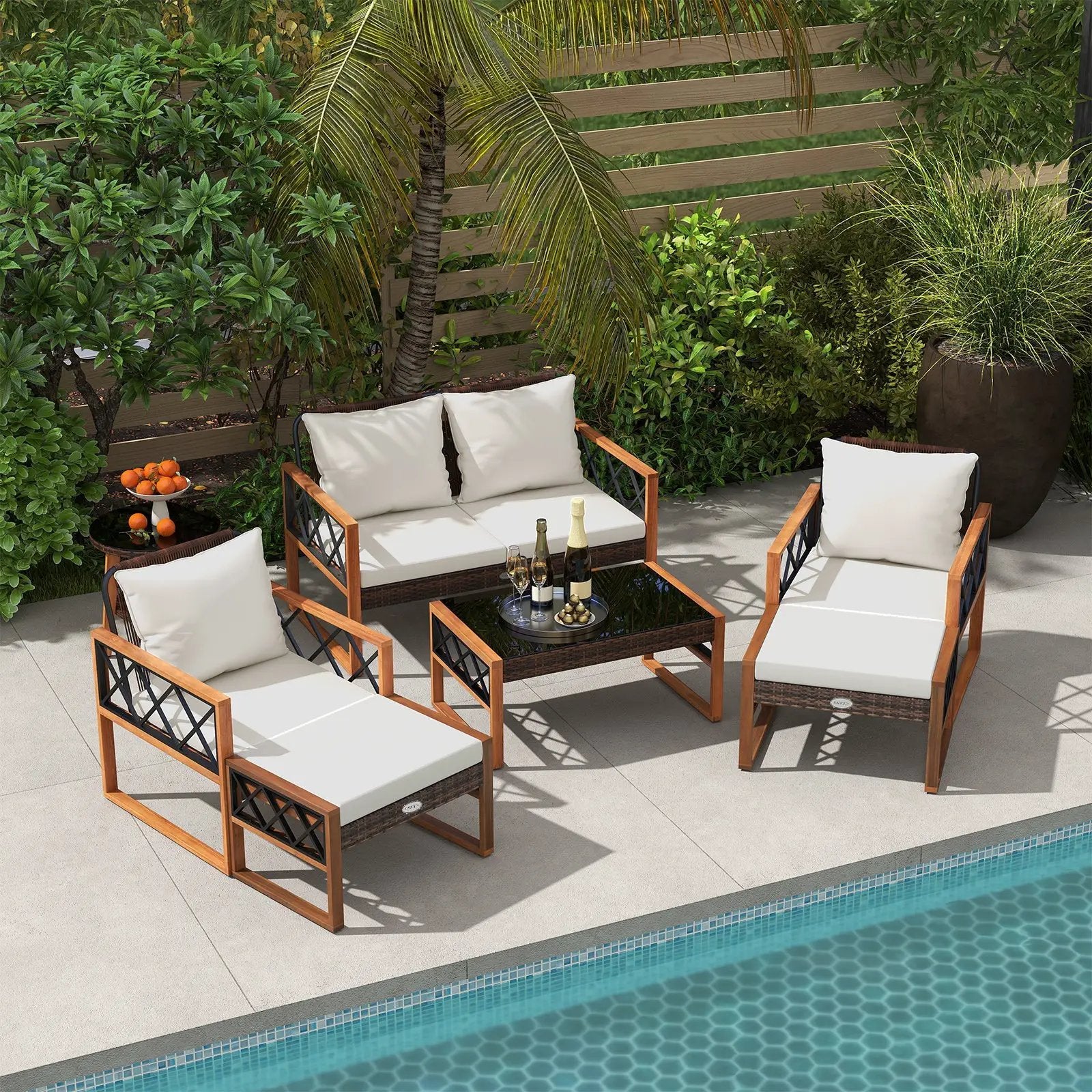 7 Pieces Patio Furniture Set PE Wicker Acacia Wood Outdoor Conversation Set by DirectDeals