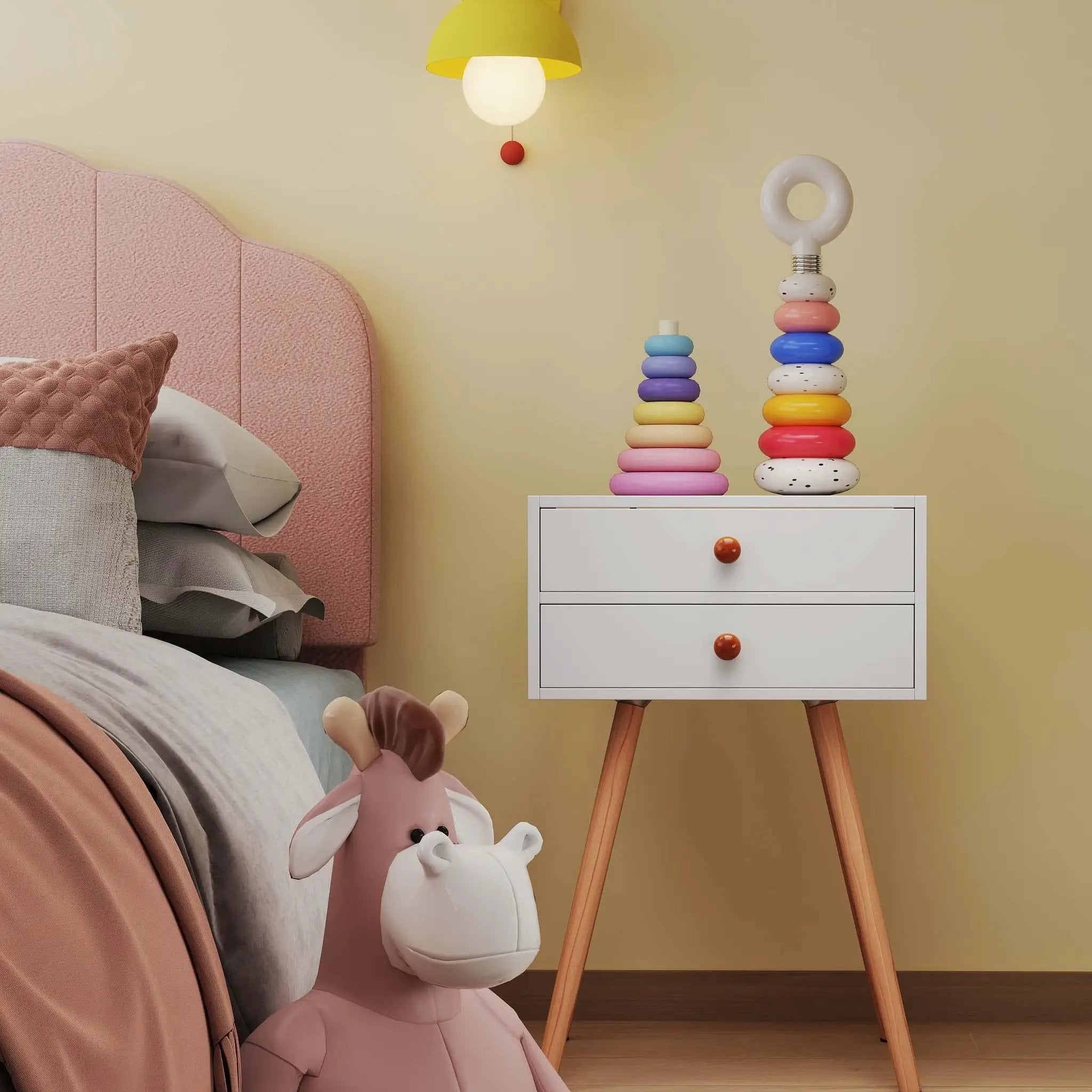 Children’s Room Furniture Bundle: Twin Pink Bed Blue & Pink Rocking Chairs Storage End Table by DirectDeals