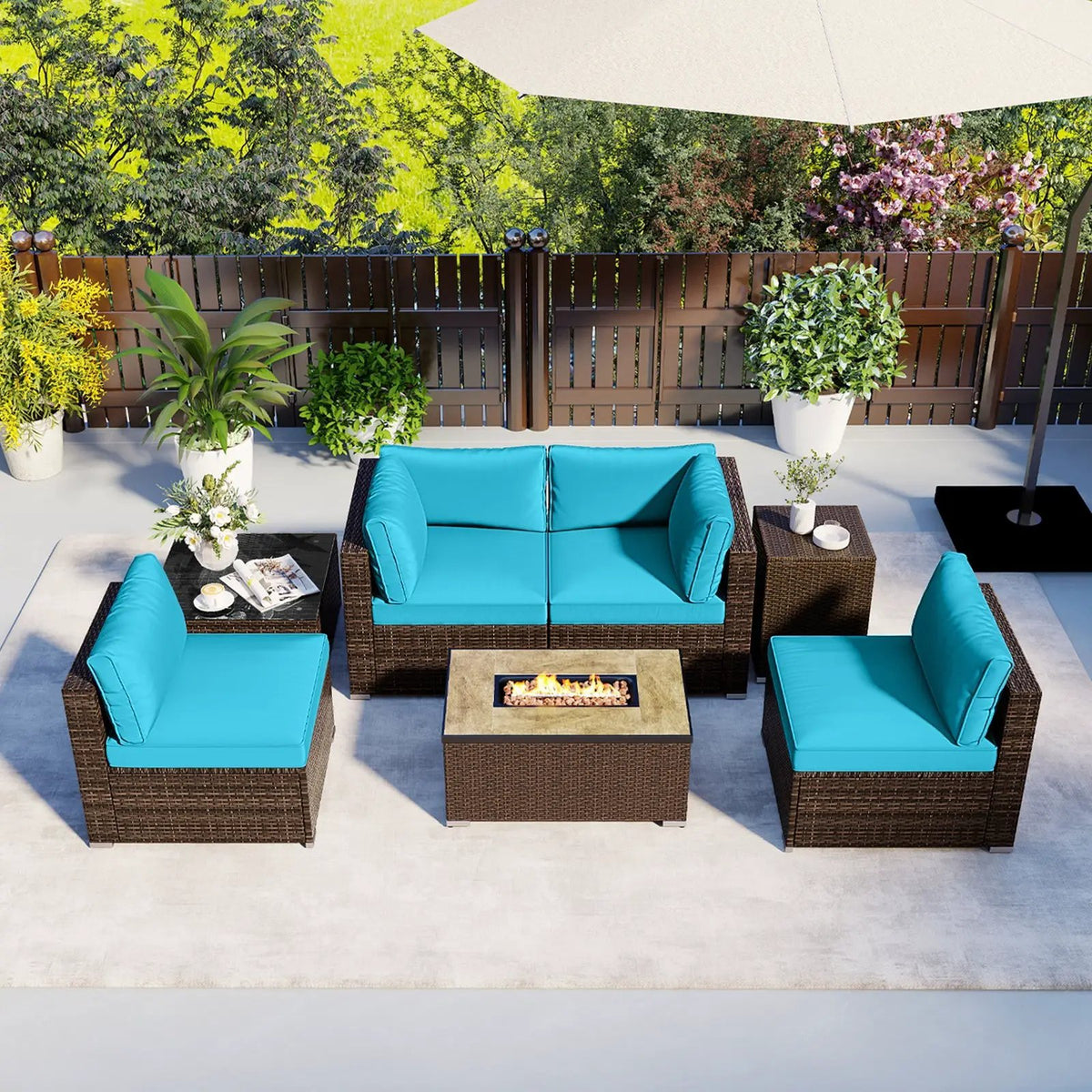 7 Pieces Outdoor Furniture Set with 32 Inch Fire Pit Table and Propane Tank Cover, photo 10 of 40