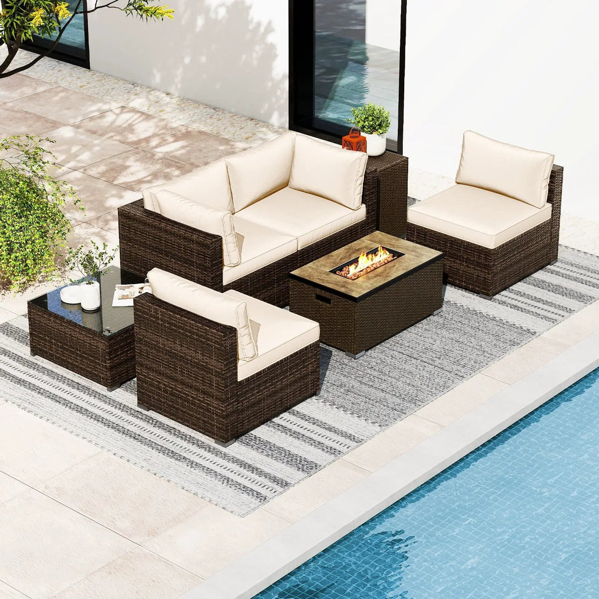 7 Pieces Outdoor Furniture Set with 32 Inch Fire Pit Table and Propane Tank Cover, photo 3 of 40