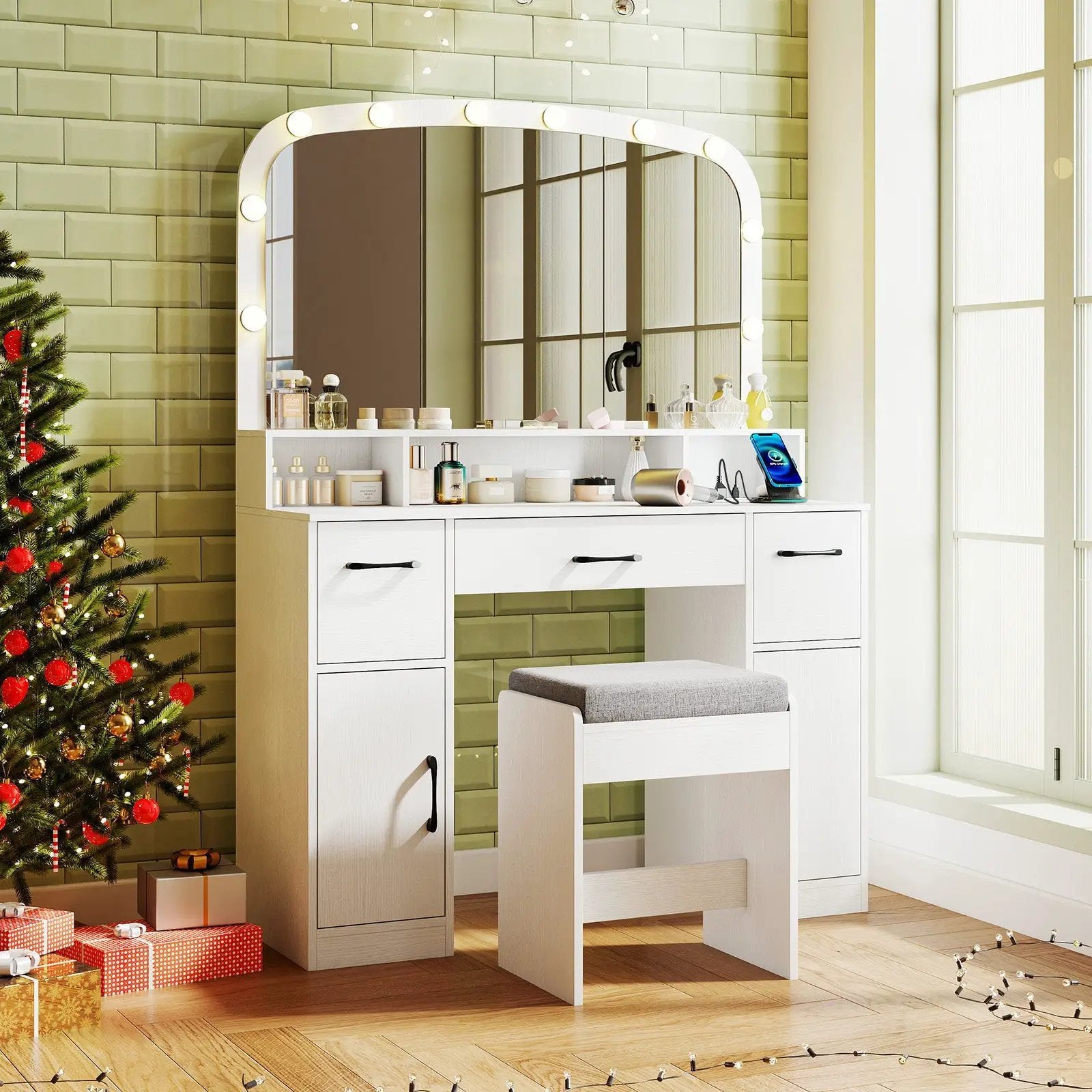 Vanity Desk Makeup Table with Stool 3-Color Lights and Charging Station by DirectDeals