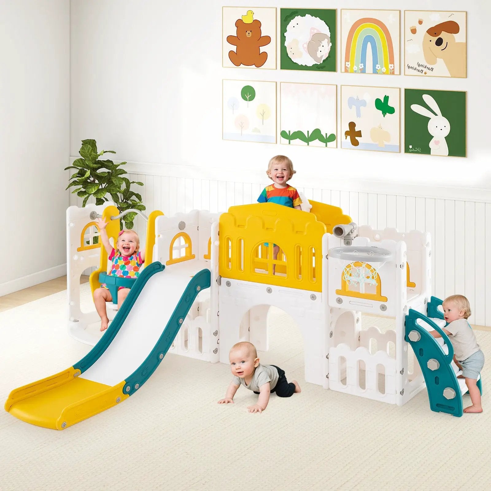 10-in-1 Toddler Swing and Slide Set Climber Playset with Basketball Hoop by DirectDeals