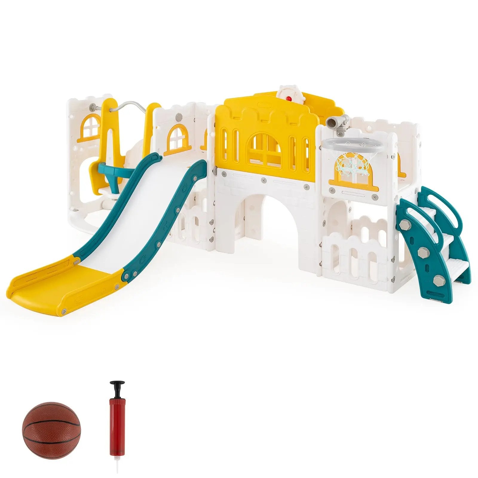 10-in-1 Toddler Swing and Slide Set Climber Playset with Basketball Hoop by DirectDeals