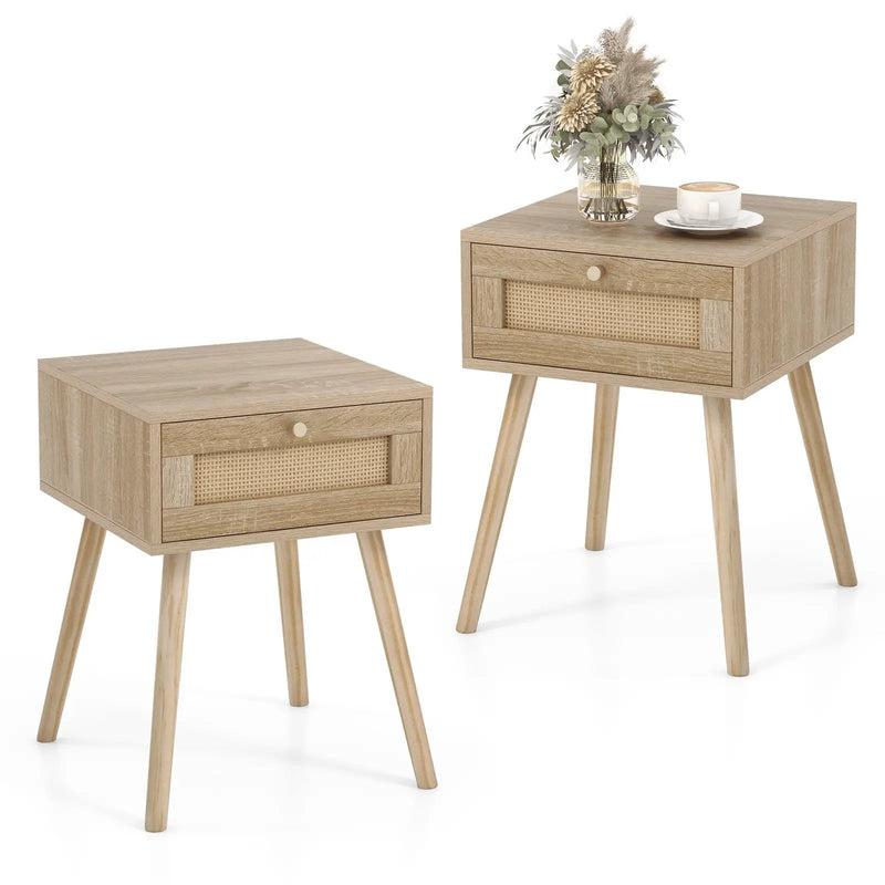 Set of 2 Modern Rattan Nightstand with Drawer and Solid Wood Legs for Bedroom and Living Room-Oak by DirectDeals