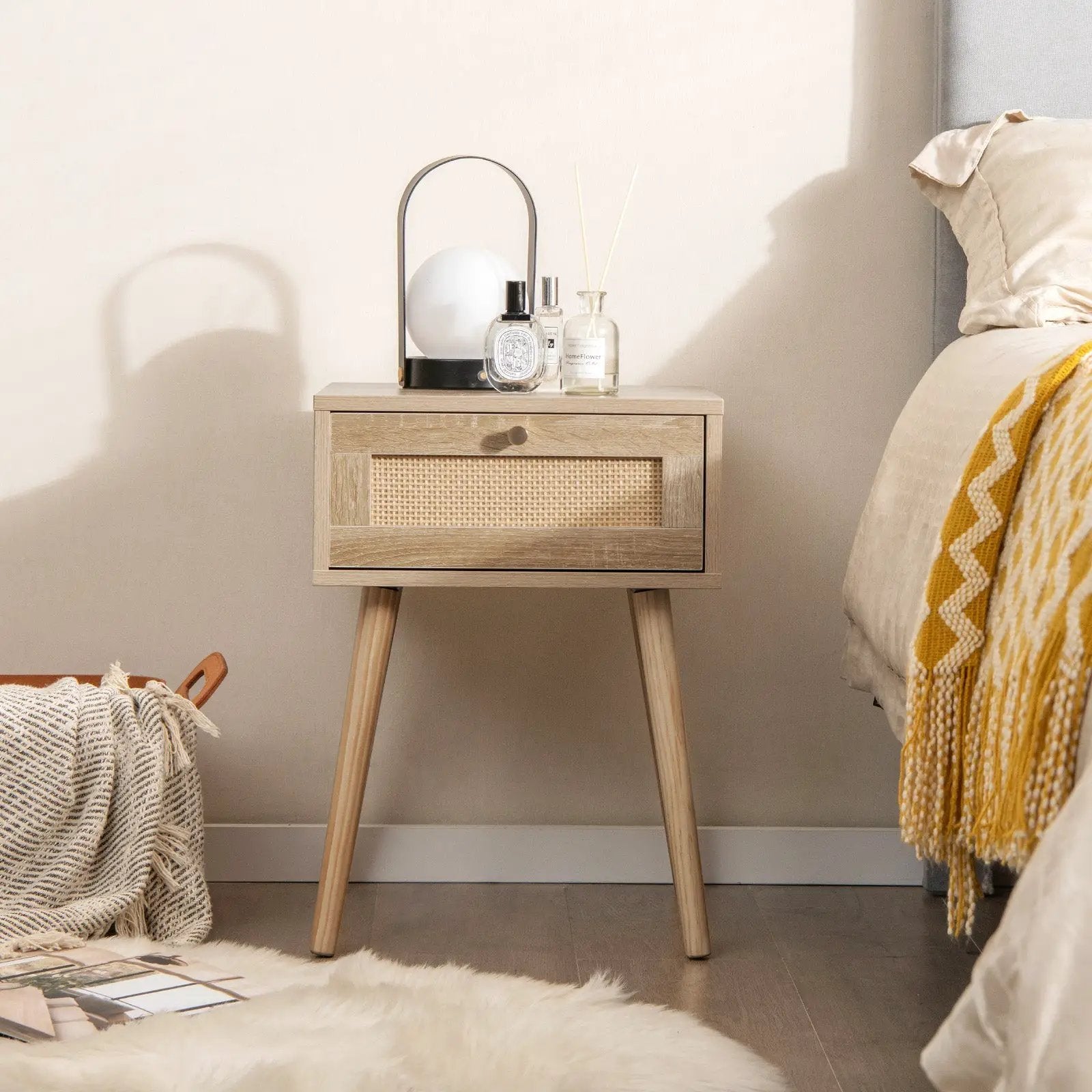 Set of 2 Modern Rattan Nightstand with Drawer and Solid Wood Legs for Bedroom and Living Room-Oak by DirectDeals