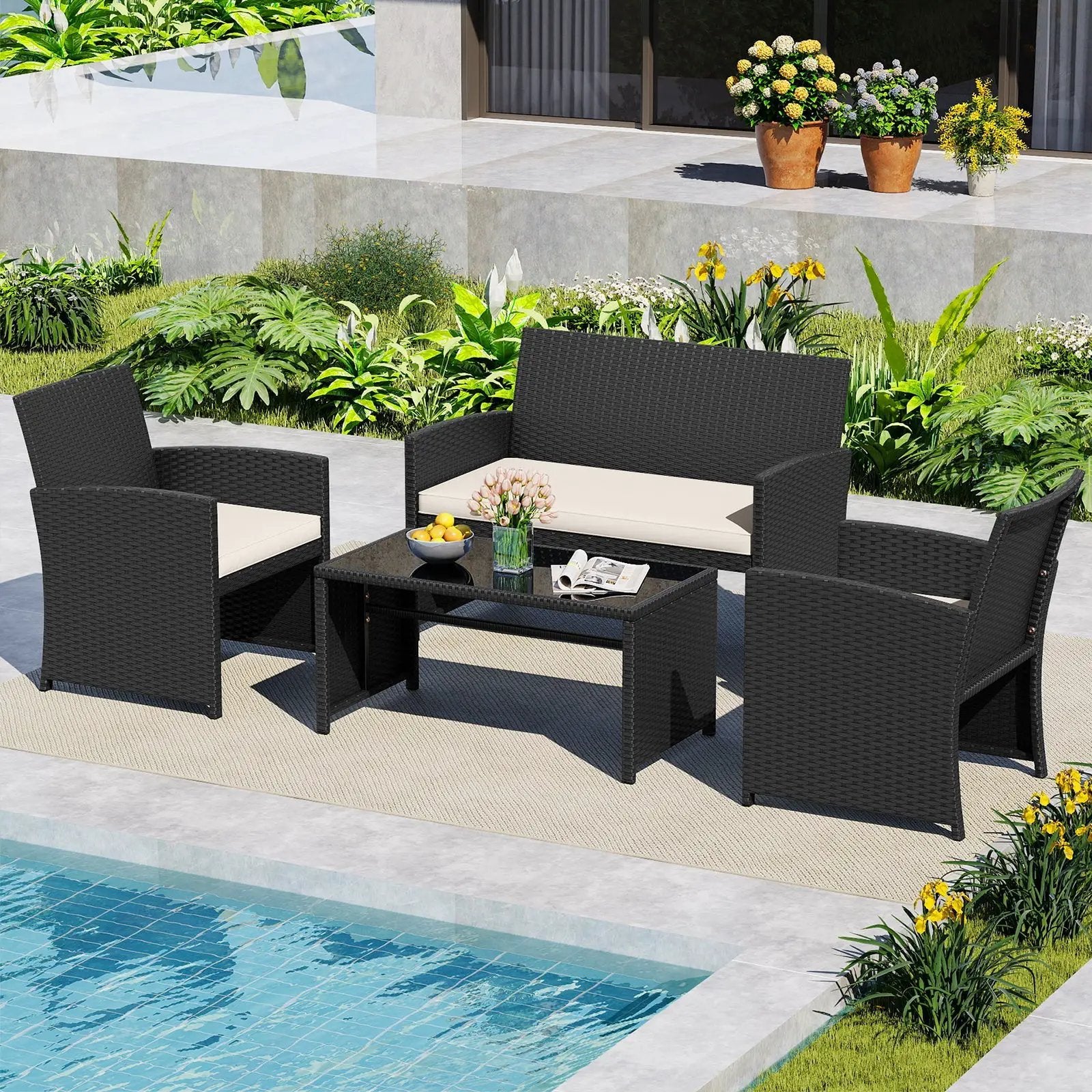 4 Pieces Patio Furniture Set with Tempered Glass Tabletop and Removable Cushion by DirectDeals