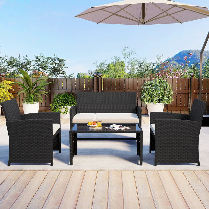 4 Pieces Patio Furniture Set with Tempered Glass Tabletop and Removable Cushion by DirectDeals