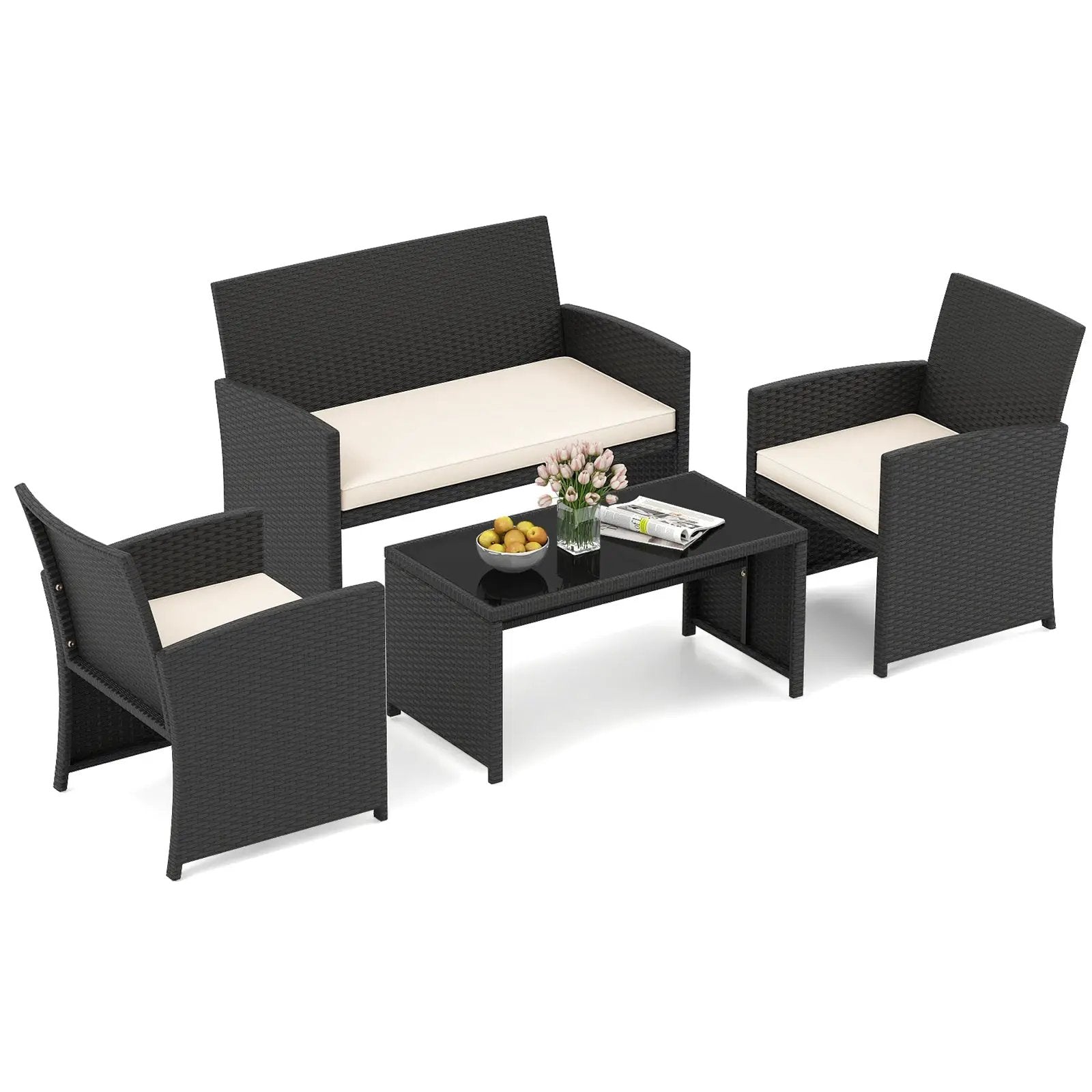 4 Pieces Patio Furniture Set with Tempered Glass Tabletop and Removable Cushion by DirectDeals