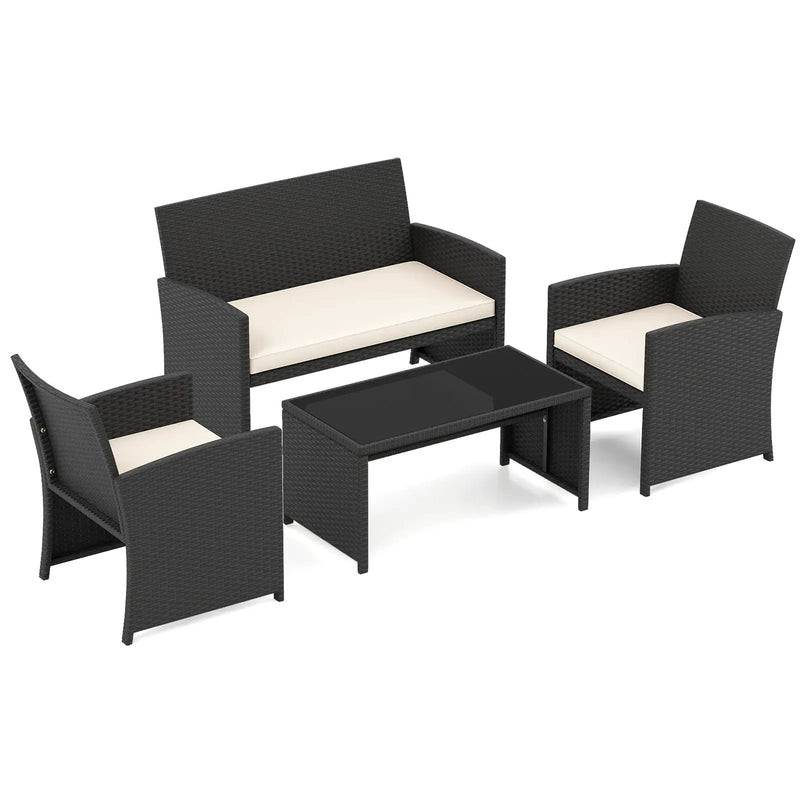4 Pieces Patio Furniture Set with Tempered Glass Tabletop and Removable Cushion by DirectDeals