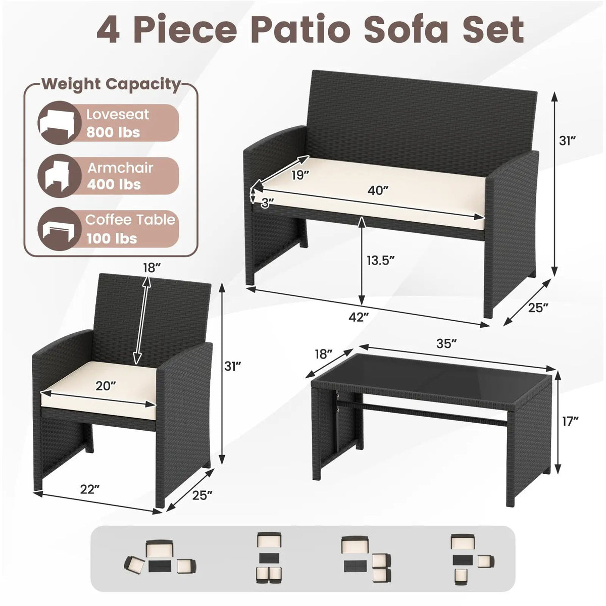 4 Pieces Patio Furniture Set with Tempered Glass Tabletop and Removable Cushion, photo 22 of 40