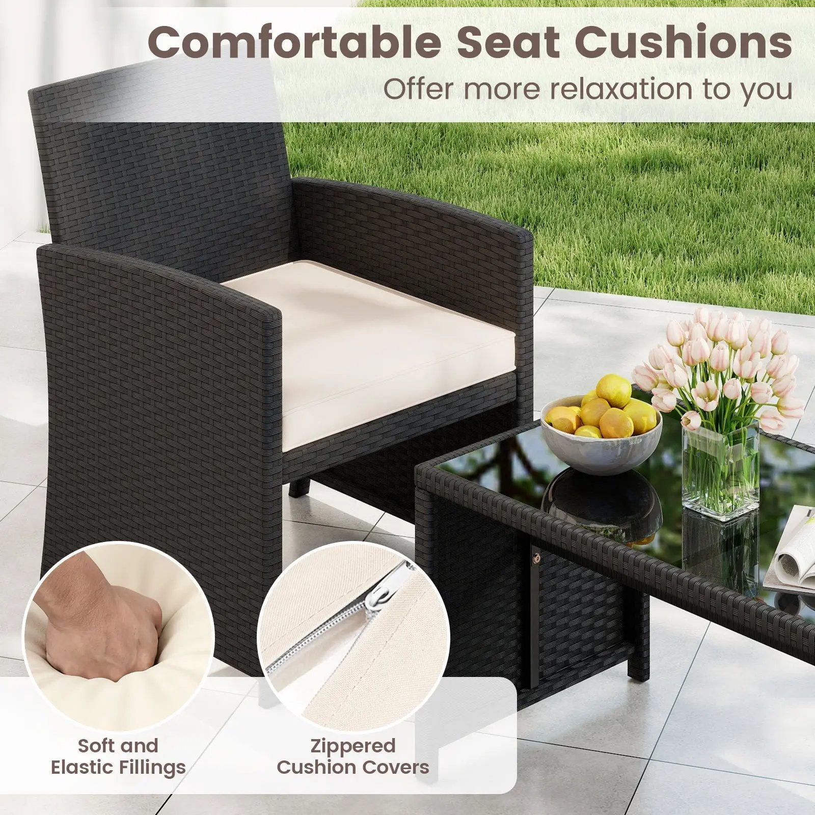 4 Pieces Patio Furniture Set with Tempered Glass Tabletop and Removable Cushion by DirectDeals