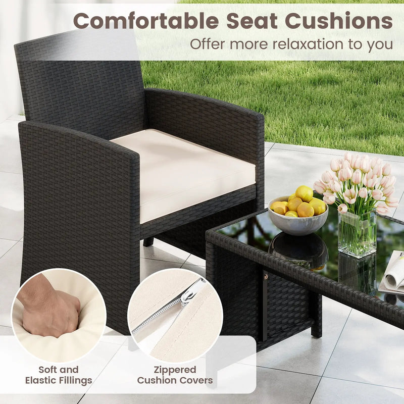 4 Pieces Patio Furniture Set with Tempered Glass Tabletop and Removable Cushion by DirectDeals