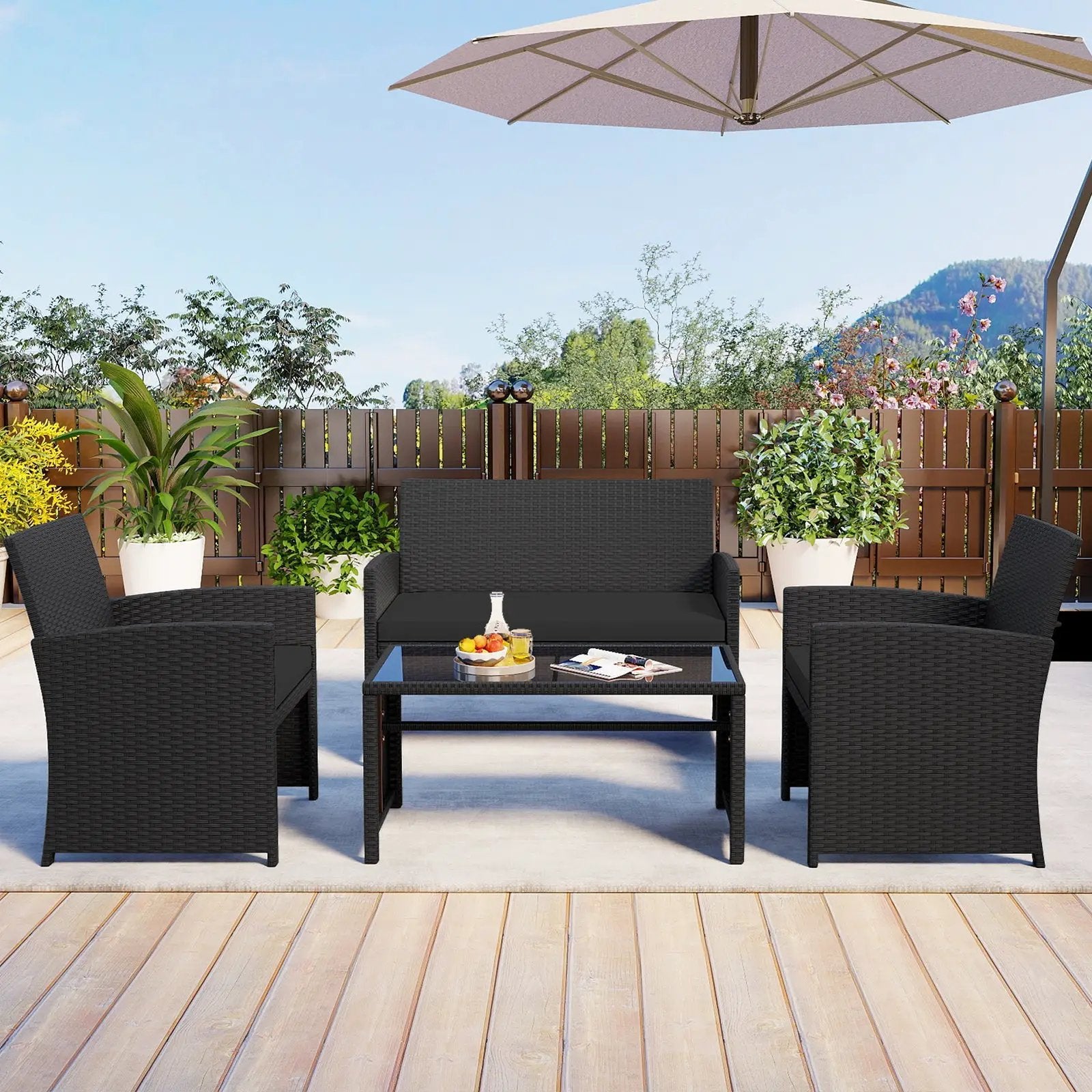 4 Pieces Patio Furniture Set with Tempered Glass Tabletop and Removable Cushion by DirectDeals