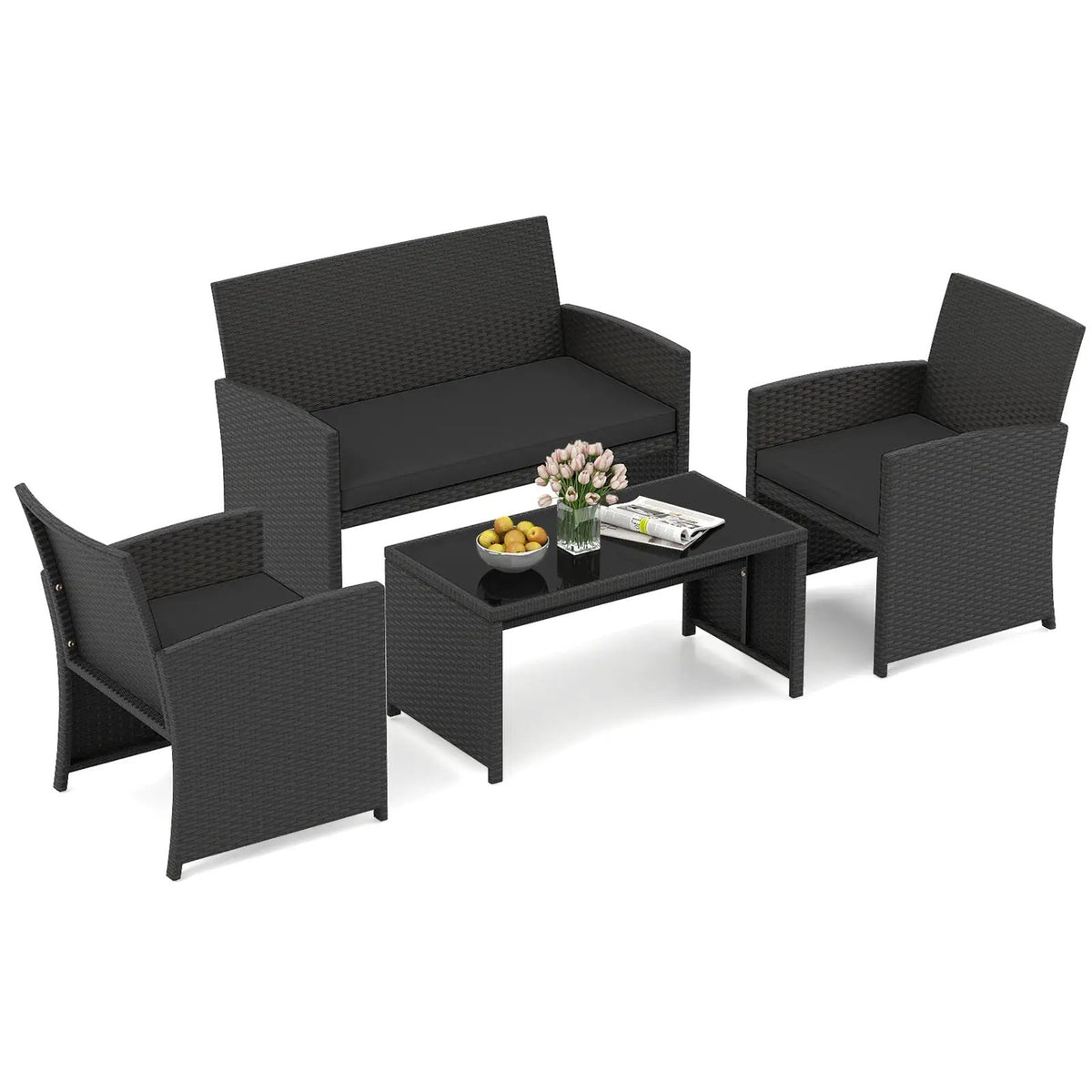 4 Pieces Patio Furniture Set with Tempered Glass Tabletop and Removable Cushion, photo 13 of 40