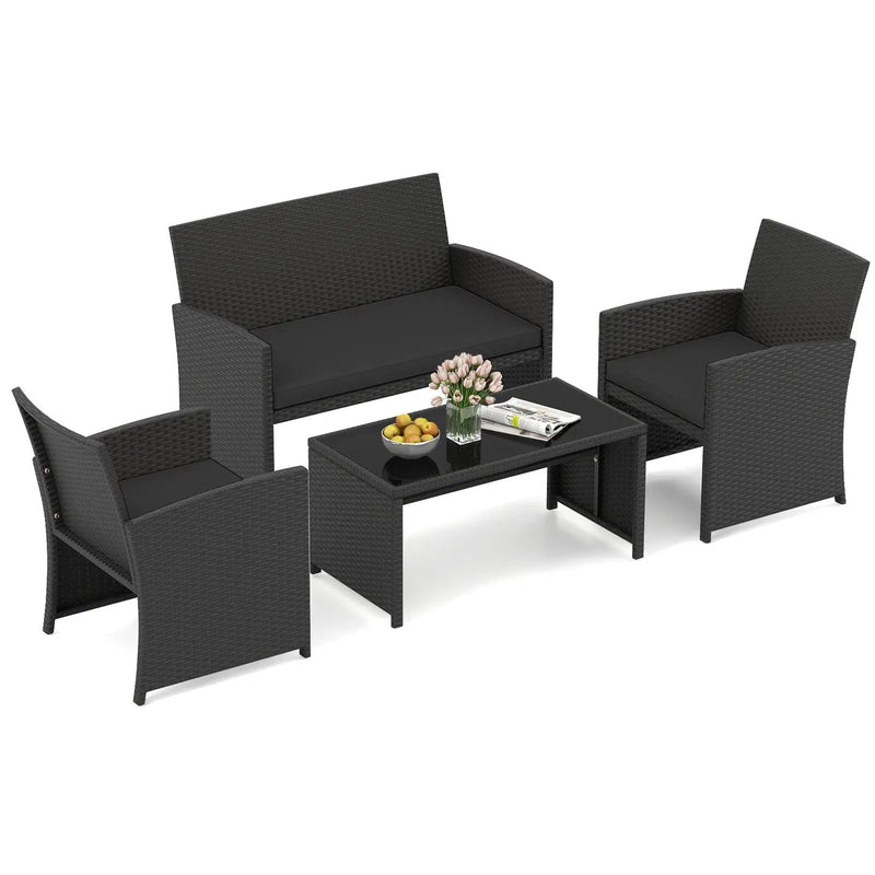 4 Pieces Patio Furniture Set with Tempered Glass Tabletop and Removable Cushion by DirectDeals