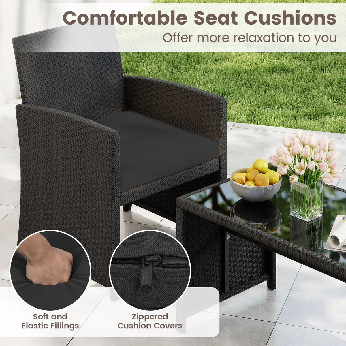 4 Pieces Patio Furniture Set with Tempered Glass Tabletop and Removable Cushion, photo 37 of 40