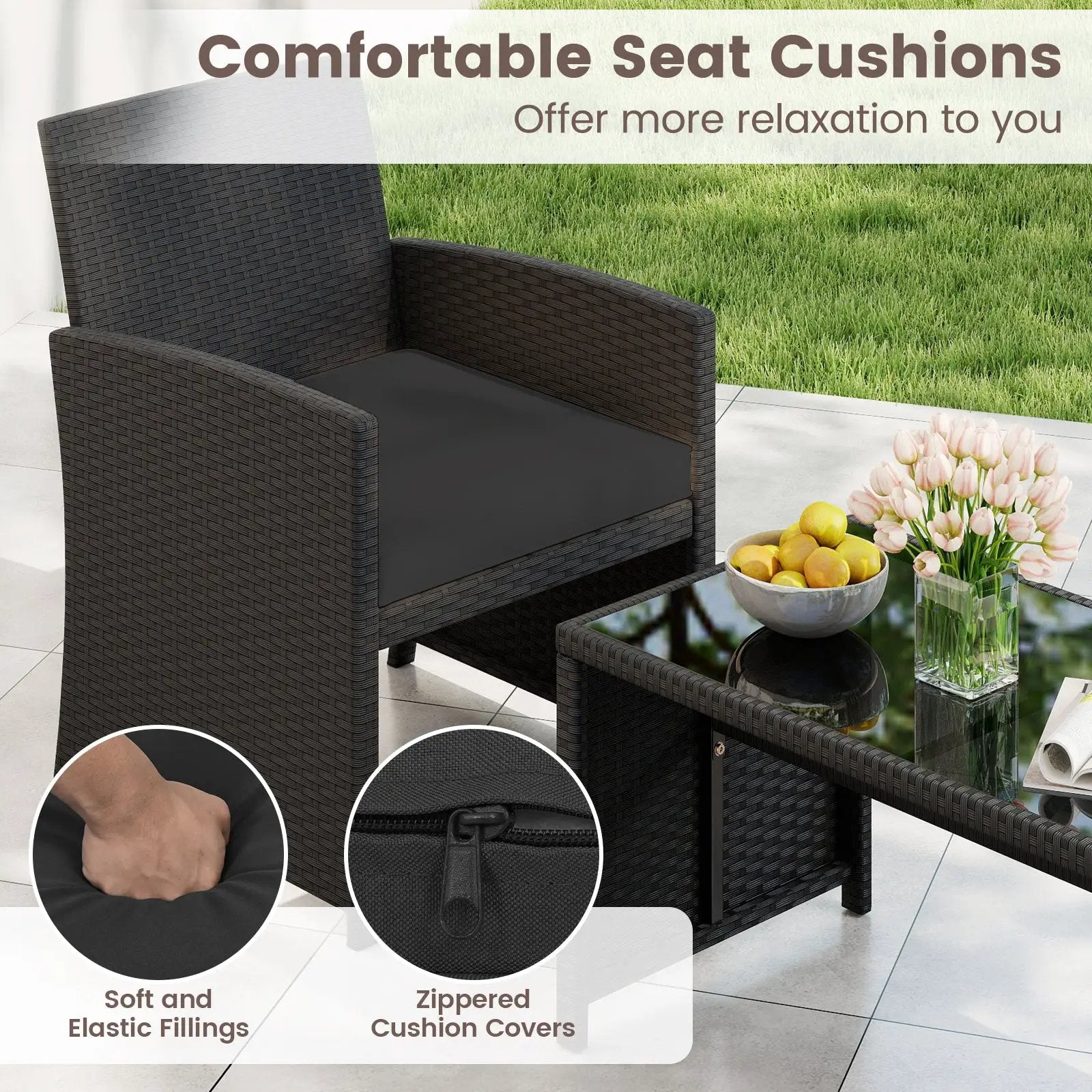 4 Pieces Patio Furniture Set with Tempered Glass Tabletop and Removable Cushion by DirectDeals