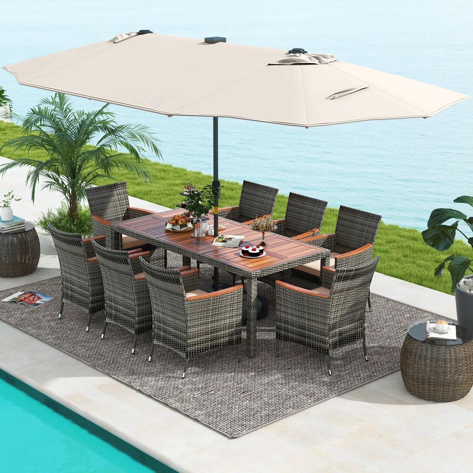 11 Pieces Patio Dining Set with 15 Feet Double-Sided Patio Umbrella Base Included by DirectDeals