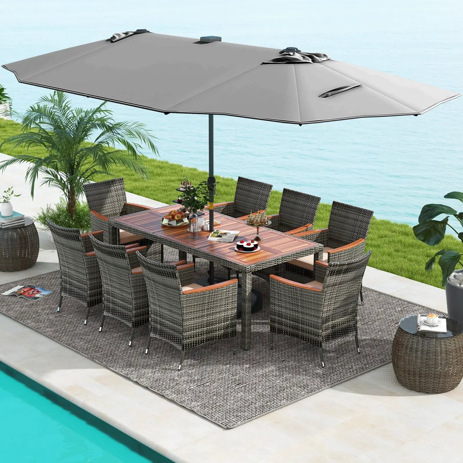 11 Pieces Patio Dining Set with 15 Feet Double-Sided Patio Umbrella Base Included by DirectDeals