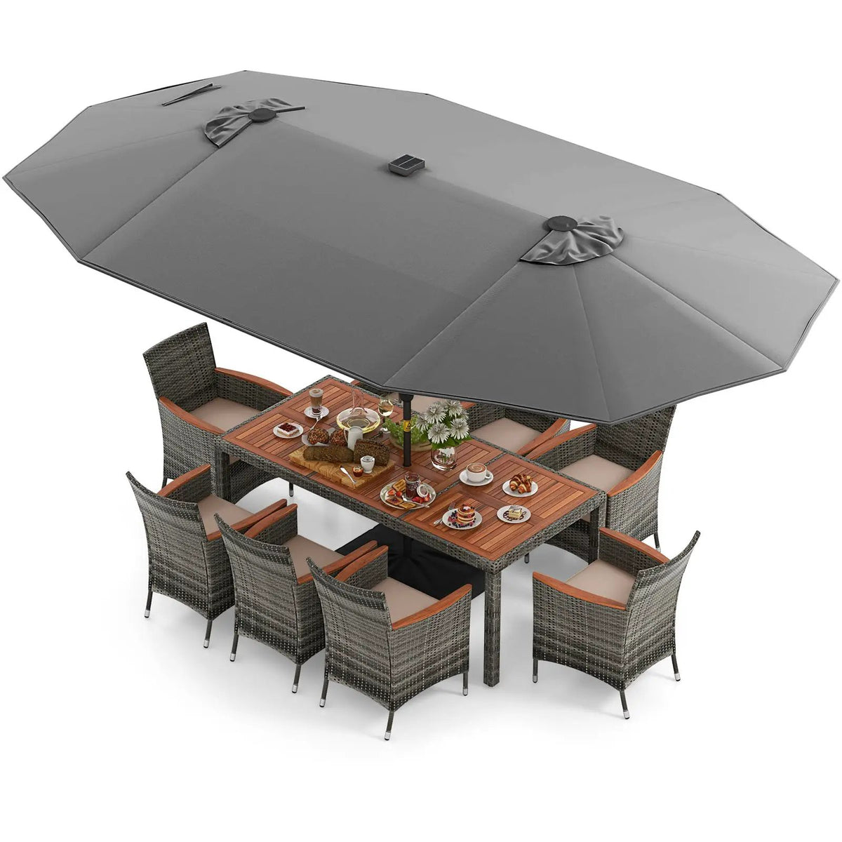11 Pieces Patio Dining Set with 15 Feet Double-Sided Patio Umbrella Base Included, photo 5 of 44