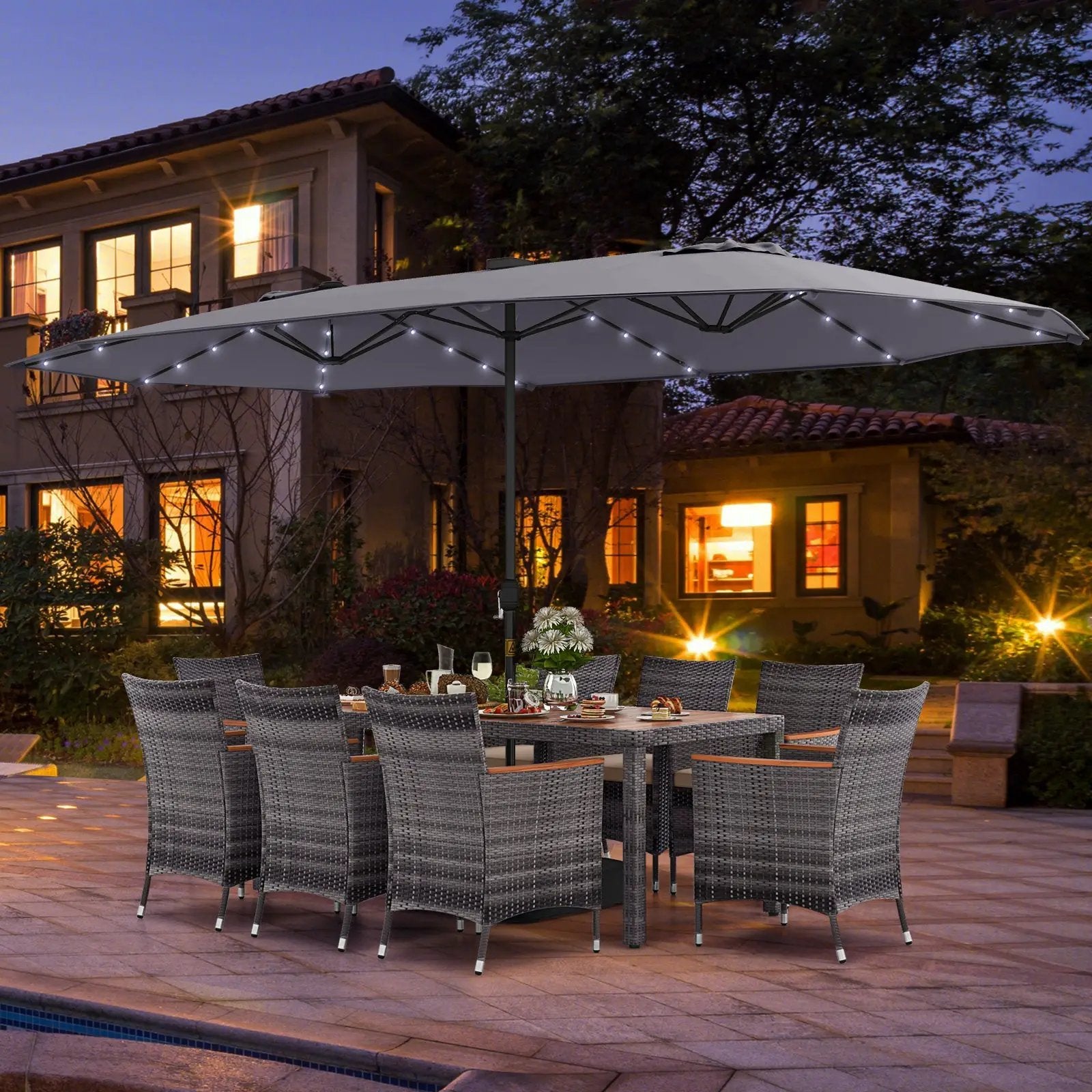 11 Pieces Patio Dining Set with 15 Feet Double-Sided Patio Umbrella Base Included by DirectDeals