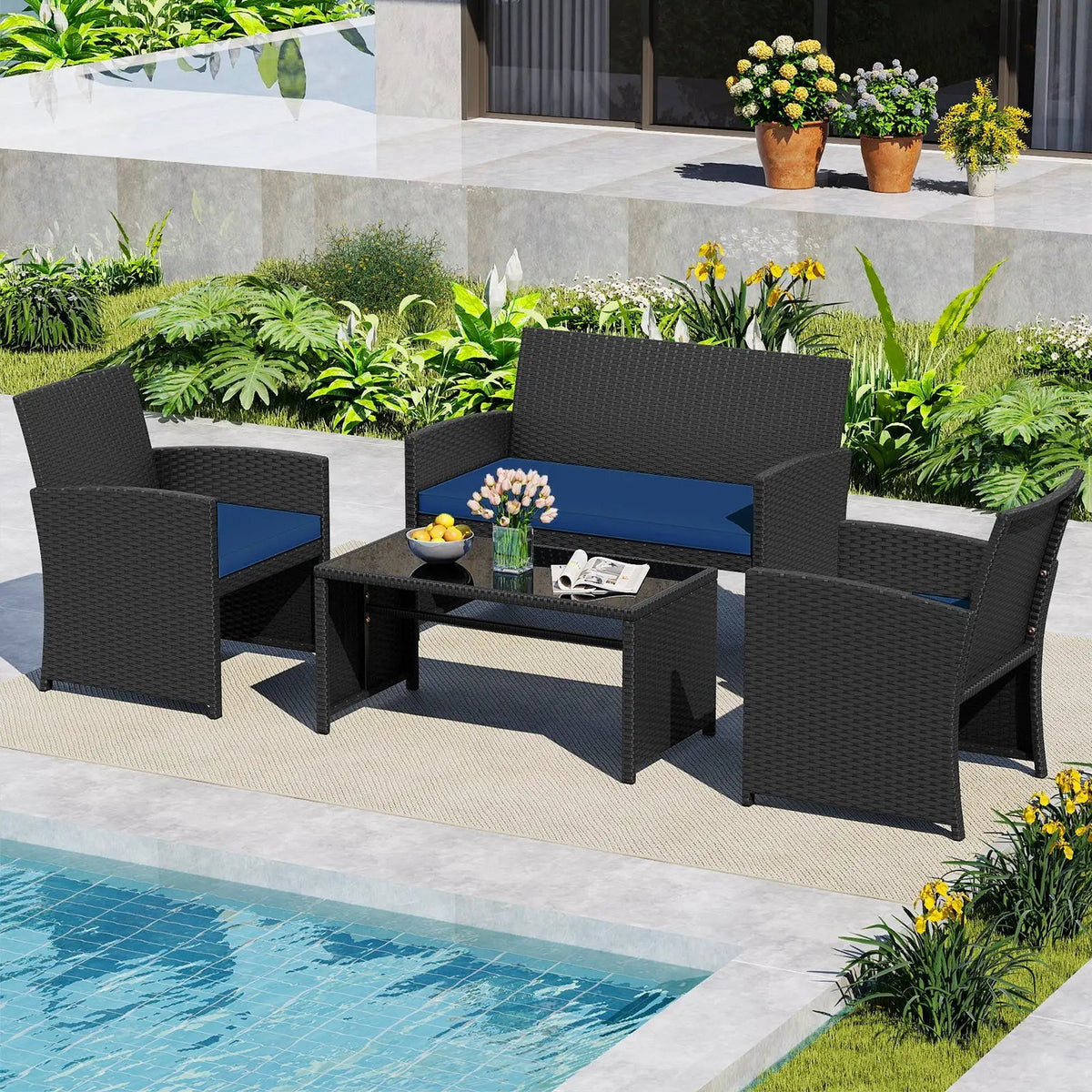 4 Pieces Patio Furniture Set with Tempered Glass Tabletop and Removable Cushion, photo 4 of 40