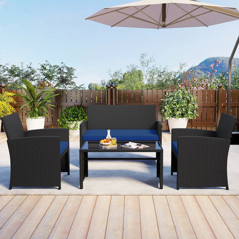 4 Pieces Patio Furniture Set with Tempered Glass Tabletop and Removable Cushion by DirectDeals