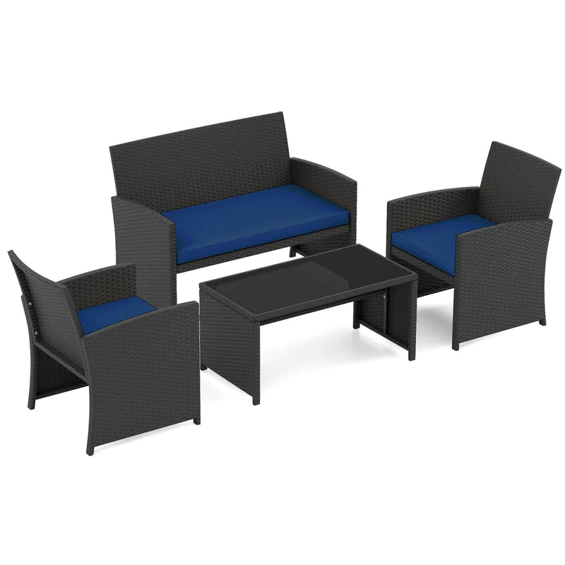 4 Pieces Patio Furniture Set with Tempered Glass Tabletop and Removable Cushion by DirectDeals