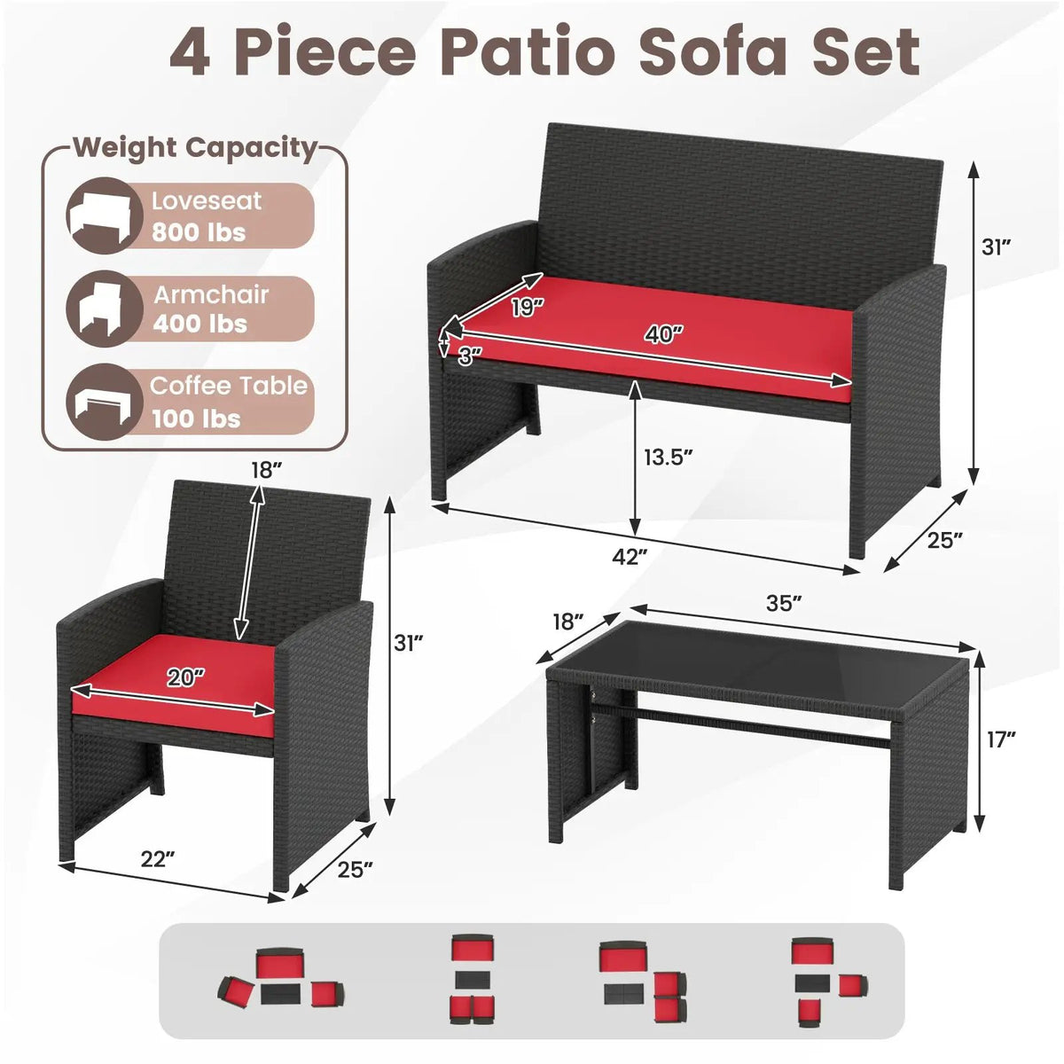 4 Pieces Patio Furniture Set with Tempered Glass Tabletop and Removable Cushion, photo 21 of 40