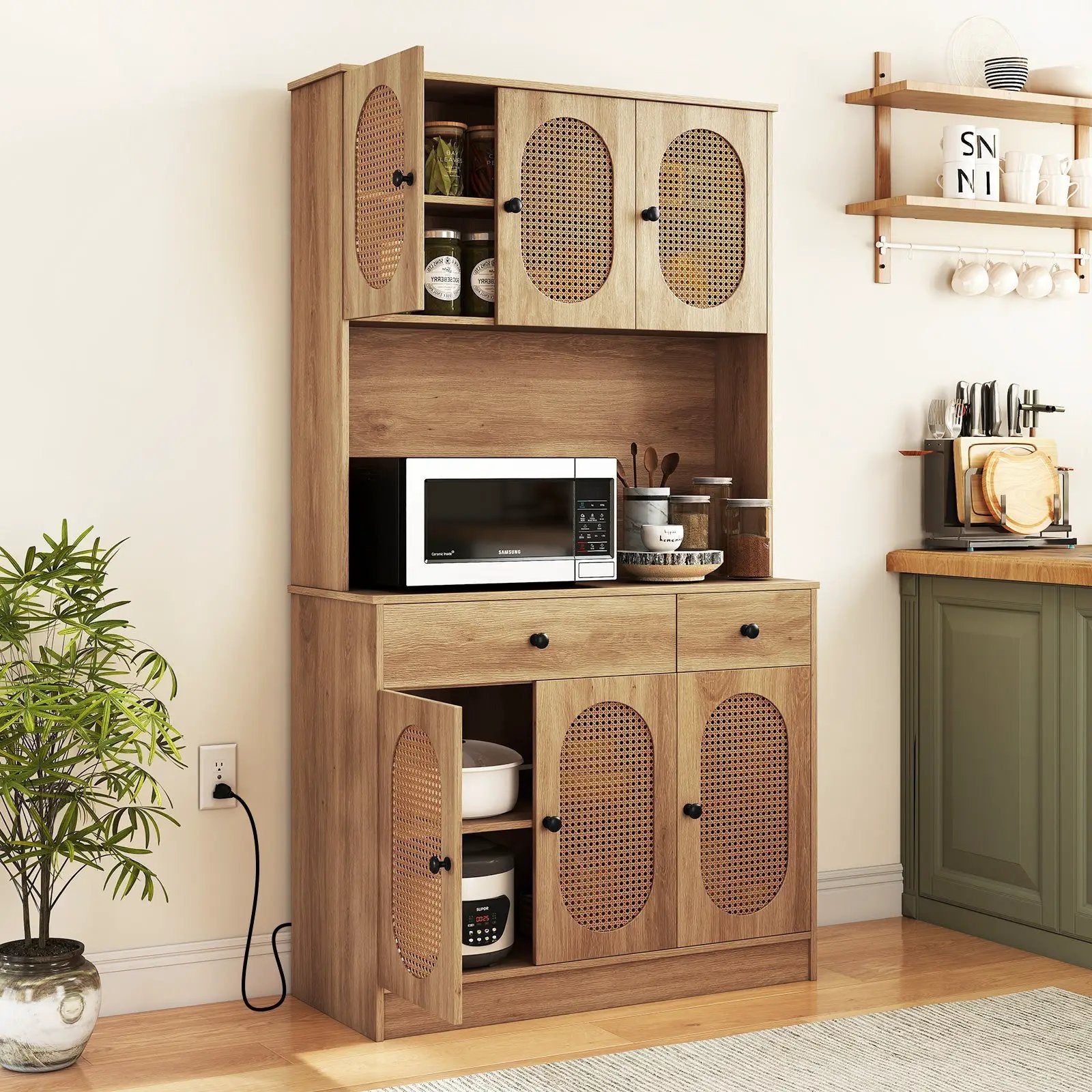 71 Inches Pantry Cabinet with Hutch and Charging Station-Natural by DirectDeals