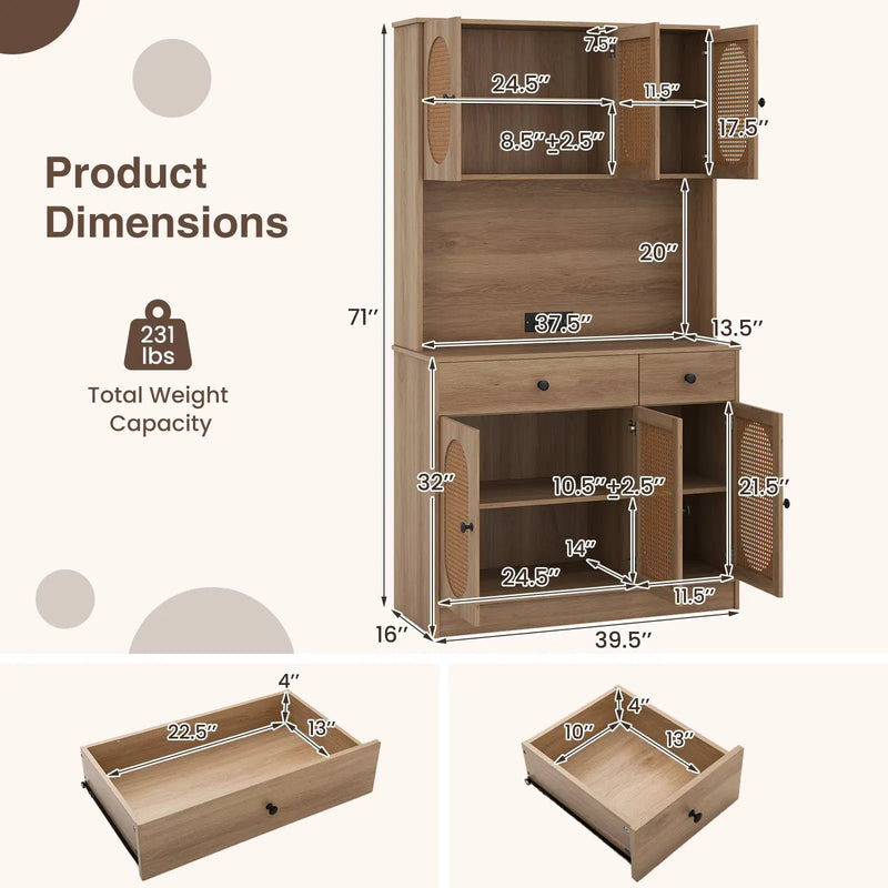 71 Inches Pantry Cabinet with Hutch and Charging Station-Natural by DirectDeals
