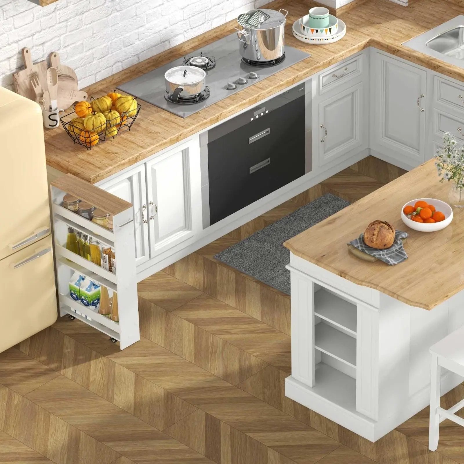 3-Piece Kitchen Furniture Set: Kitchen Island + 2 Bar Stools + Narrow Storage Cart by DirectDeals
