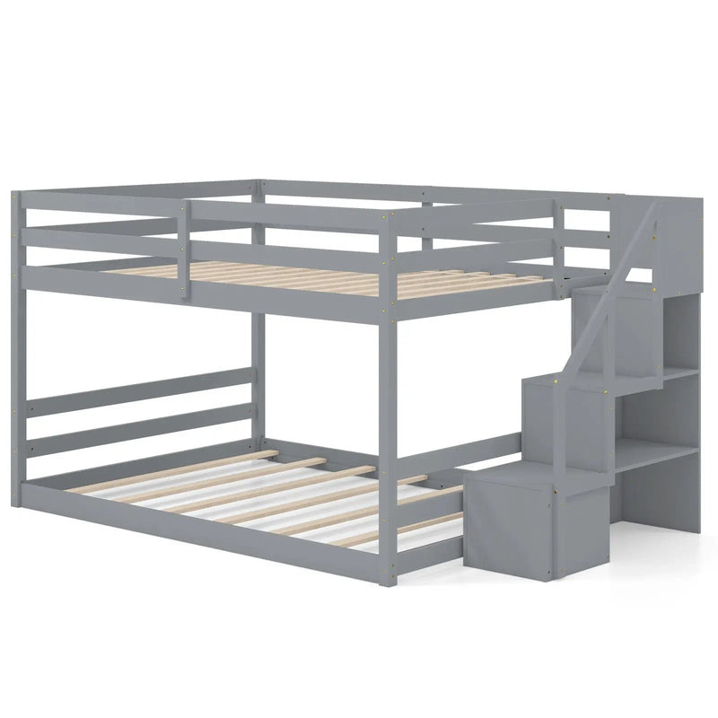 Solid Wood Full Over Full Low Bunk Bed with Storage Stairs by DirectDeals