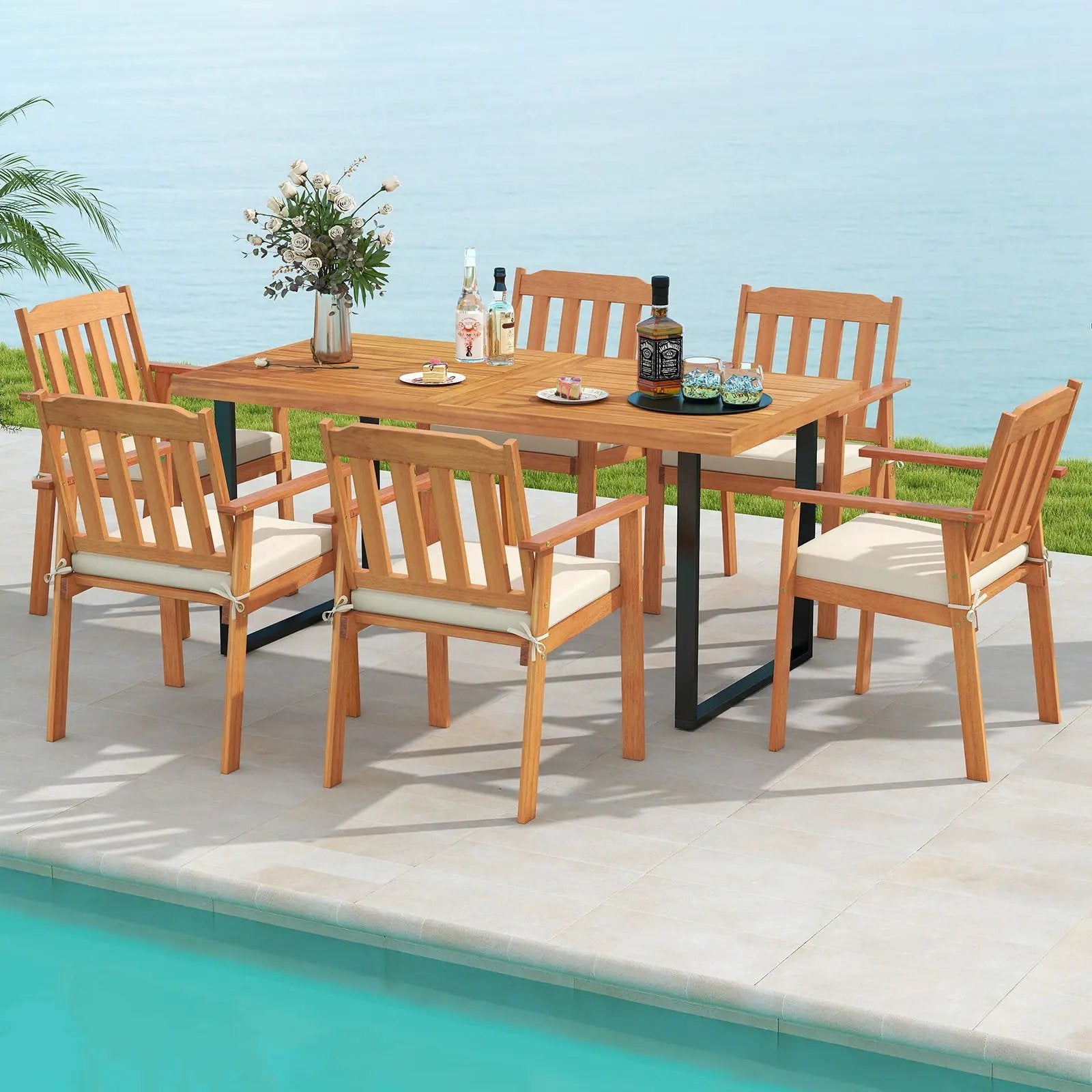 7 Pieces Patio Dining Table Set 63‚Äù Rectangle Table and 6 Acacia Wood Armchairs by DirectDeals