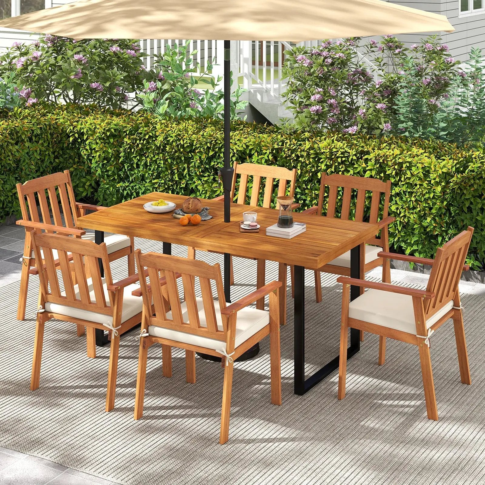 7 Pieces Patio Dining Table Set 63‚Äù Rectangle Table and 6 Acacia Wood Armchairs by DirectDeals
