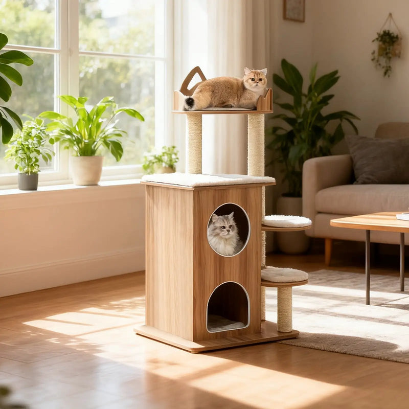 48 Inch Wooden Cat Tree with 2-Floor Condo and Washable Cushions-Natural by DirectDeals