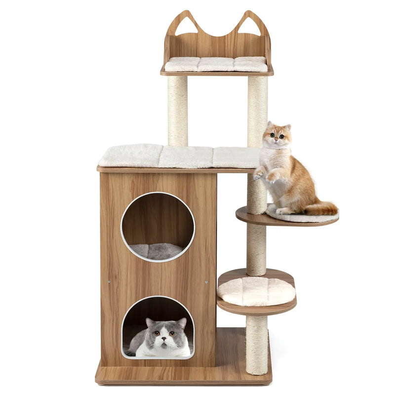 48 Inch Wooden Cat Tree with 2-Floor Condo and Washable Cushions-Natural by DirectDeals