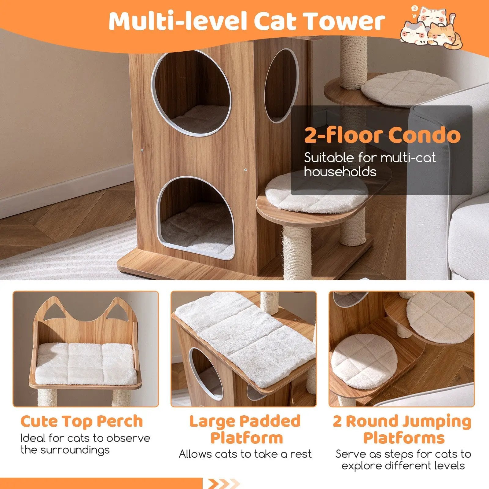 48 Inch Wooden Cat Tree with 2-Floor Condo and Washable Cushions-Natural by DirectDeals
