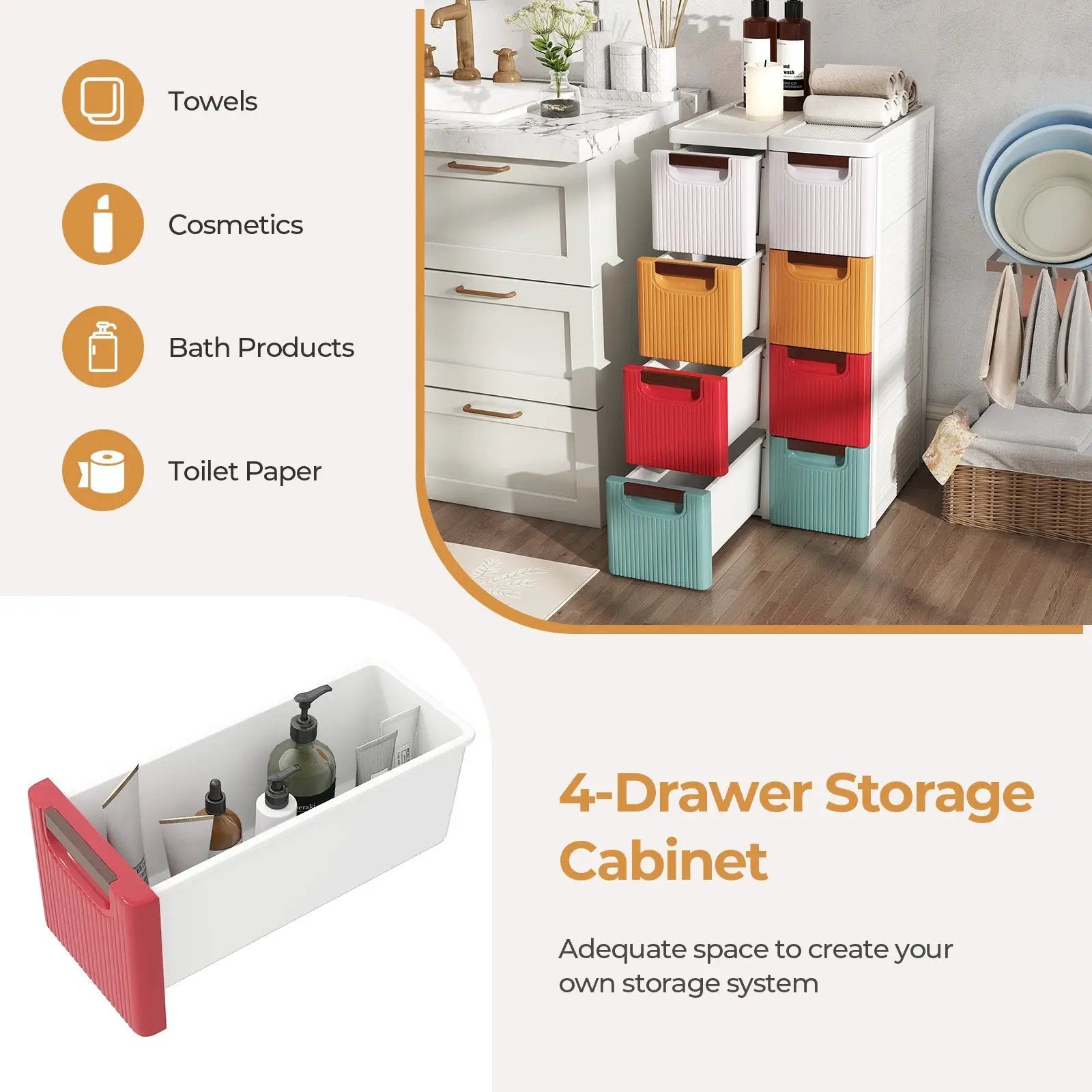4-Drawer Rolling Organizer Unit Narrow Storage Cabinet with Built-In Wheels for Small Space-Colorful by DirectDeals