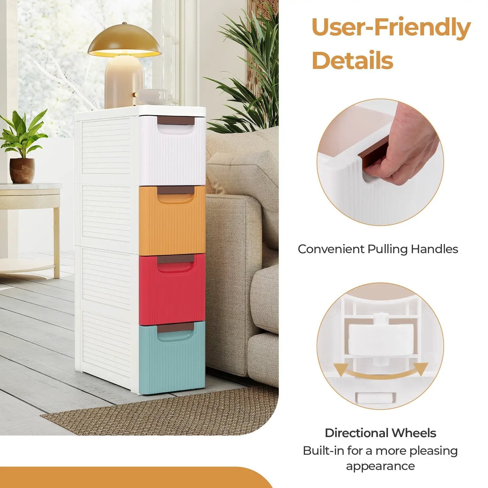 4-Drawer Rolling Organizer Unit Narrow Storage Cabinet with Built-In Wheels for Small Space-Colorful by DirectDeals