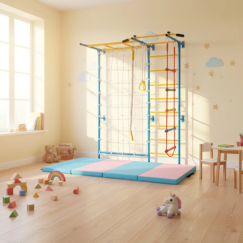 7-in-1 Swedish Ladder with Folding Gymnastics Mat for Solid Wall for Kids by DirectDeals