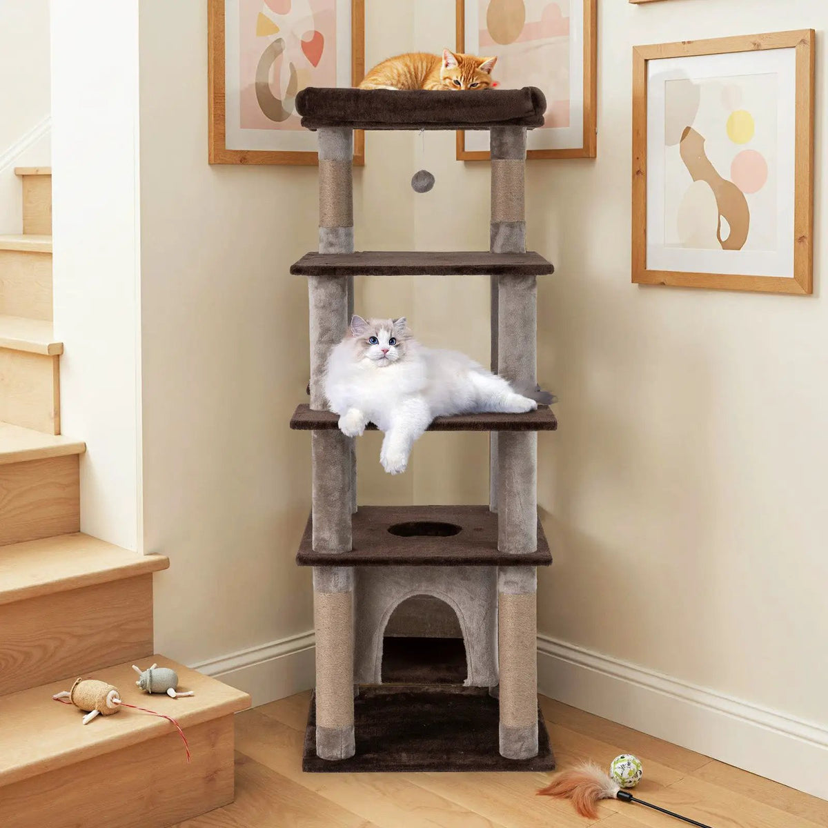 58 Inch Large Multi-level Cat Tree with Swaying Aerial Condo and Plush Perch Bed, photo 3 of 9