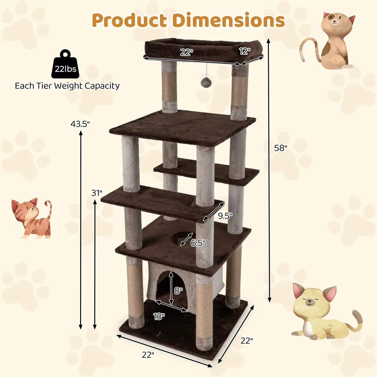 58 Inch Large Multi-level Cat Tree with Swaying Aerial Condo and Plush Perch Bed, photo 6 of 9