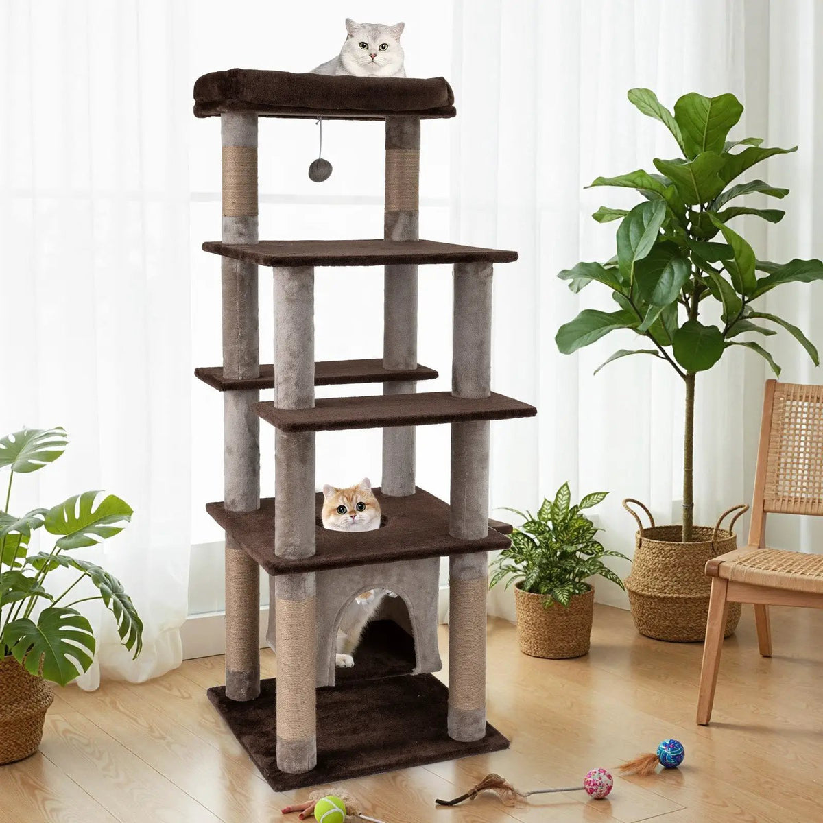 58 Inch Large Multi-level Cat Tree with Swaying Aerial Condo and Plush Perch Bed, photo 7 of 9