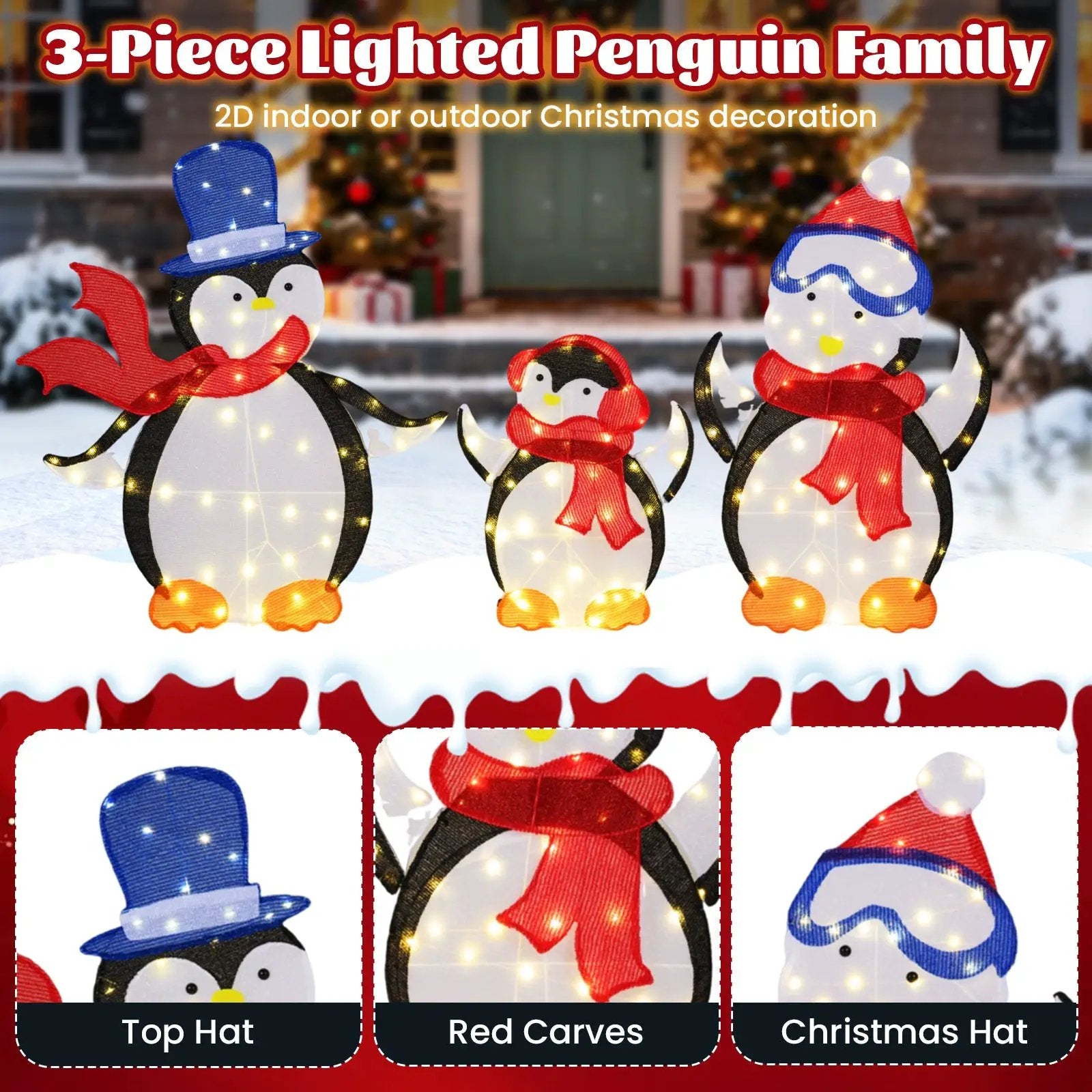 3-Piece 2D Lighted Penguin Family Christmas Decoration with 160 LED Lights by DirectDeals