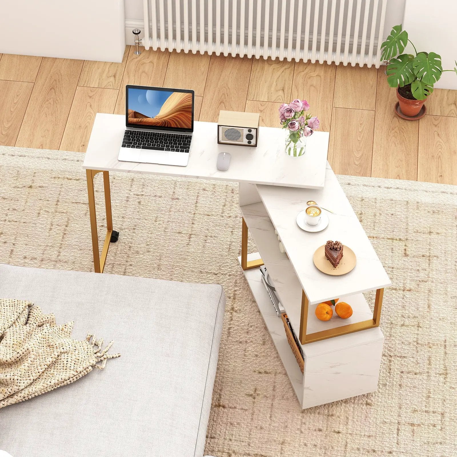 360¬∞ Rotating Sofa Side Table with Storage Bookcase and Hooks for Living Room-White by DirectDeals
