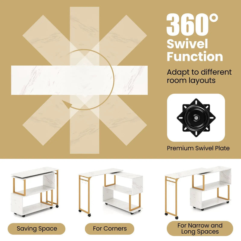 360¬∞ Rotating Sofa Side Table with Storage Bookcase and Hooks for Living Room-White by DirectDeals