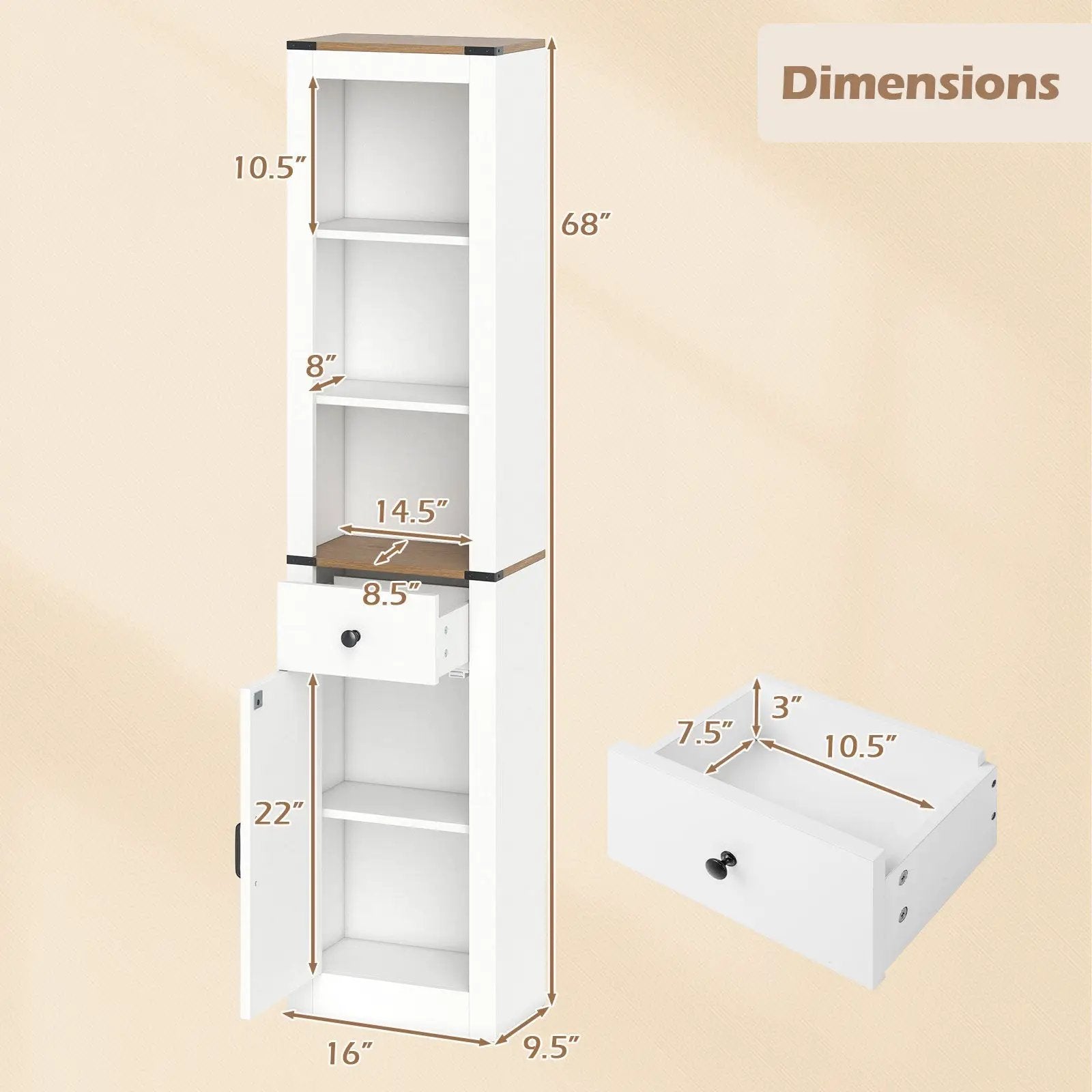 68 inch Tall Bathroom Cabinet with Barn Door Narrow Slim Storage Organizer Unit with Drawer-White by DirectDeals