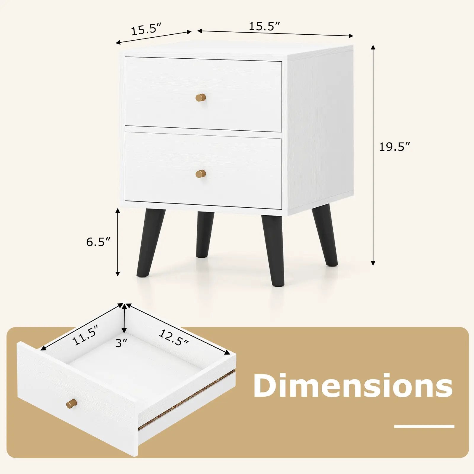Nightstand Set of 2 Mid Century Modern Bedside Table with Golden Knobs and Raised Support Legs by DirectDeals